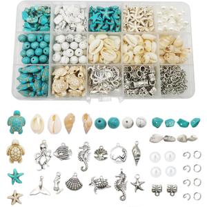 Julie Wang 422 PCS Antique Silver Alloy Pendants Seashells Man-Made Turquoise Beads Starfish Turtle Ocean Charms for Jewelry Making Summer Beach Bead Necklace Earring Bracelet Craft DIY Accessory