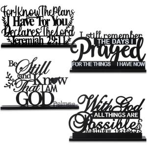 Blulu 4 Pack Inspirational Table Decorations Wooden Christian Faith Bible Verse Centerpieces Black Motivational Prayer Room Blessed Signs for Home Office Living Room Kitchen Farmhouse Art Decor