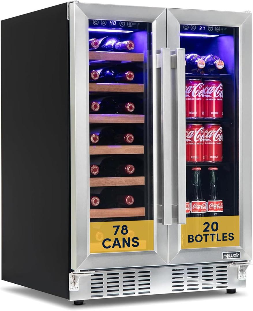 NewAir 24" Dual Zone Beverage Refrigerator & Wine Cooler for 20 Bottles & 78 Cans | Freestanding or Built-In Under Counter Mini Fridge for Beer, Wine and Soda | Stainless Steel