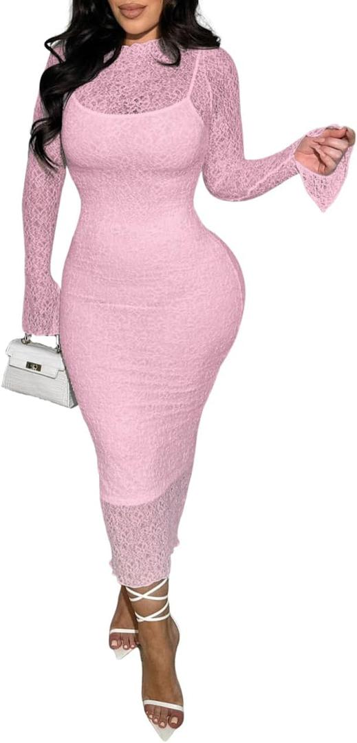 Women Sexy Long Sleeve Bodycon Midi Dresses See Through Lace Dress 2 Piece Dress Set Birthday Date Night Outfit (Large, Pink)