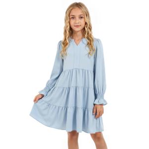 Cubear Girls' Casual A-Line Dress with Ruffle Hem Long Sleeve V-Neck Pocket Teen Girls Dress Tween Junior Dresses, 5-6 Years Light Blue