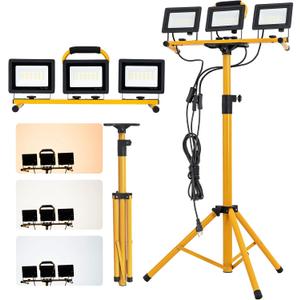 3 Head Dimmable LED Work Lights with Stand 21000 Lumens Portable Work Light with Independent Switches IP66 Waterproof Telescoping Tripod Stand Worklight with 16FT Cord for Indoor Outdoor Lighting