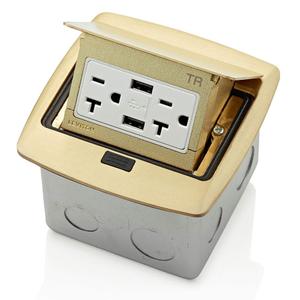 Leviton Pop-Up Floor Box with Dual Type A, 3.6 USB Charger, 20 Amp Outlet, Brass, PFUS2-BR