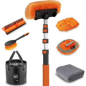 LAANPOLE 12FT Car Wash Brush with Long Handle, Car Cleaning Kit with Soft Bristle Wash Brush, Microfiber Cleaning Mop, Window Squeegee, Mitt, Wheel Brush, Bucket, Drying Towel for RV, Truck, Boat
