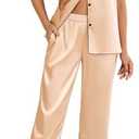 Ekouaer Silk Pajamas for Women Satin Short Sleeve Pajamas Set with Ruffle 2 Pieces Button Down Tops and Pants Khaki at Amazon Womens Clothing store