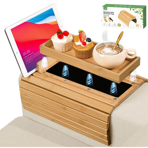Joy&Grace Couch Arm Tray, 3in1 Magnetic Detachable Sofa Arm Table with Phone and Tablet Holder Bamboo Couch Cup Holder, Foldable Sofa Armrest Tray for Eating, Drinks, Phones (Natural)