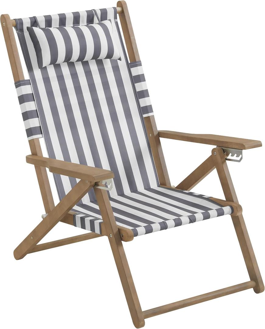 Lavish Home Beach Chair - Outdoor Weather-Resistant Wood Folding Chair with Backpack Straps - 4-Position Reclining Seat - Beach Essentials (Gray), Adult