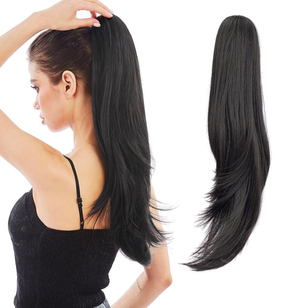 Black Wavy/Curly 24" Synthetic Ponytail Extension, 9" Length, Clip Installation