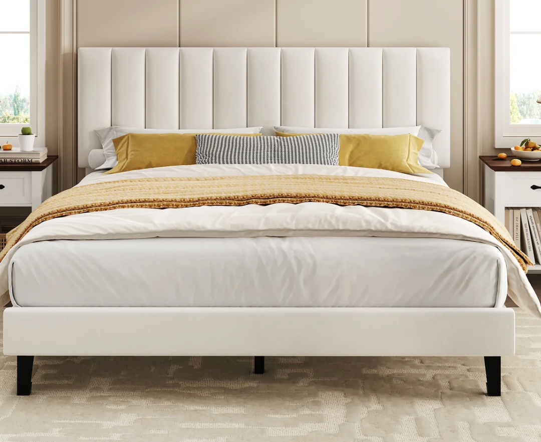 Garvee Suede Upholstered Platform Bed Frame with Adjustable Tufted Headboard, Sturdy Noise-Free Support, No Box Spring Needed, Easy Assembly - Queen Size, White