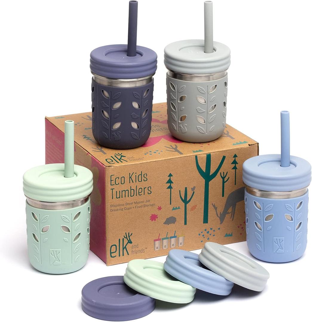 Elk and Friends 10oz Stainless Steel Kids + Toddler Drinking Cups | The Original Mason Jar with Sleeves + Lids | Silicone Straws | Smoothies | Storage Jar | Spill Resistant | Dishwasher Safe | 4 Pack (Sage/Misty Blue/Grey/Navy)