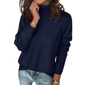 Zeagoo Women's Turtleneck Sweater Long Sleeve Spilt Hem Casual Knit Pullover Chunky Fall Winter Jumper Top 2026 Navy Blue S