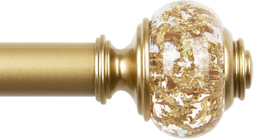 1 Inch Gold Curtain Rods for Windows 36 to 72 Inches (3 to 6 ft), USFOOK Telescoping Single Drapery Rod, Decorative Curtain Rod with Luxury Translucent Finials
