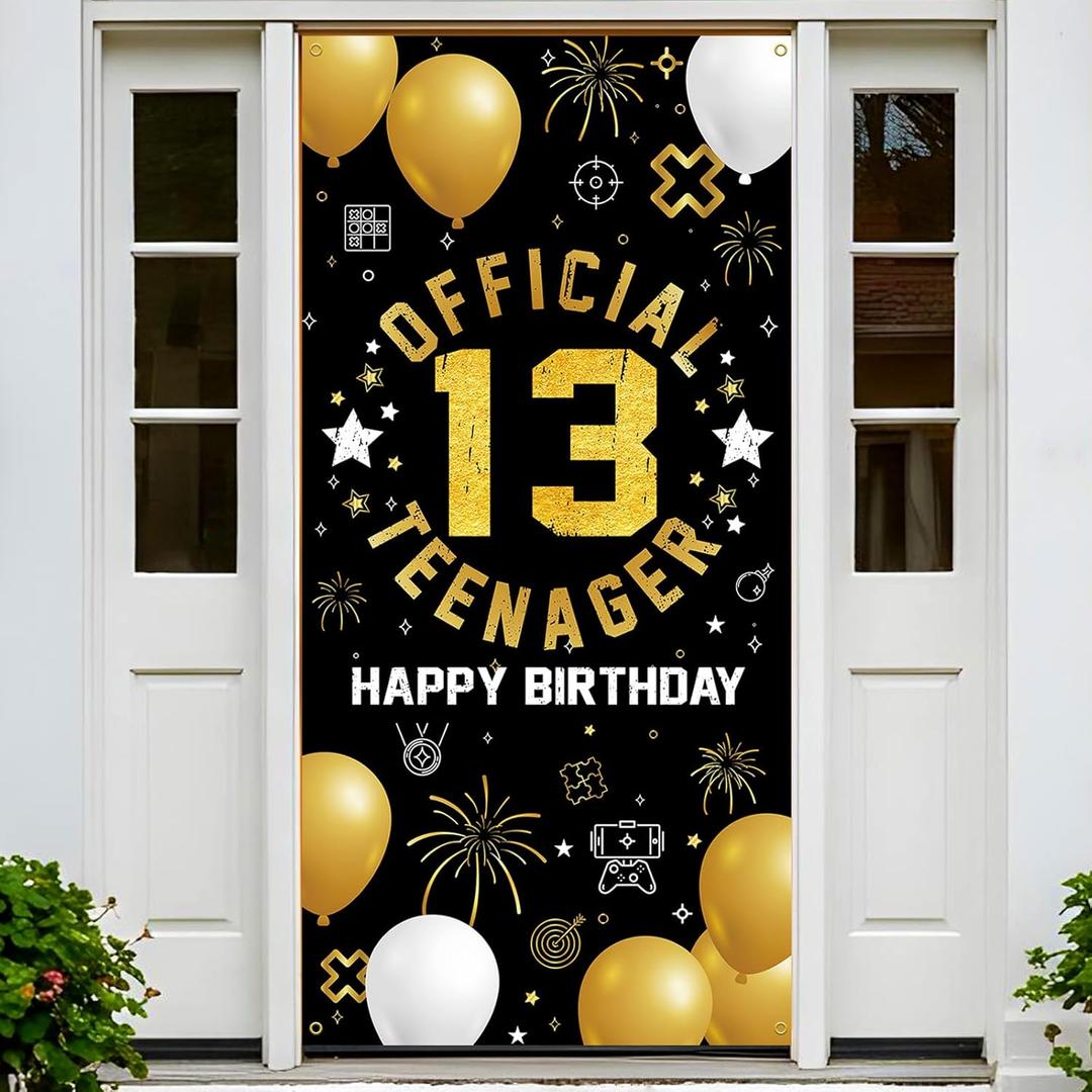 13th Birthday Backdrop Banner for Boys Girls, Fabric Yard Sign, Photo Props Door Decorations, 13 Years Old Teenager Party Decor Indoor Outdoor, Black Gold Silver Theme