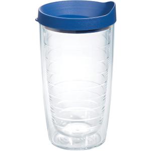 Tervis Clear & Colorful Lidded Made in USA Double Walled Insulated Tumbler Travel Cup Keeps Drinks Cold & Hot, 16oz, Blue Lid