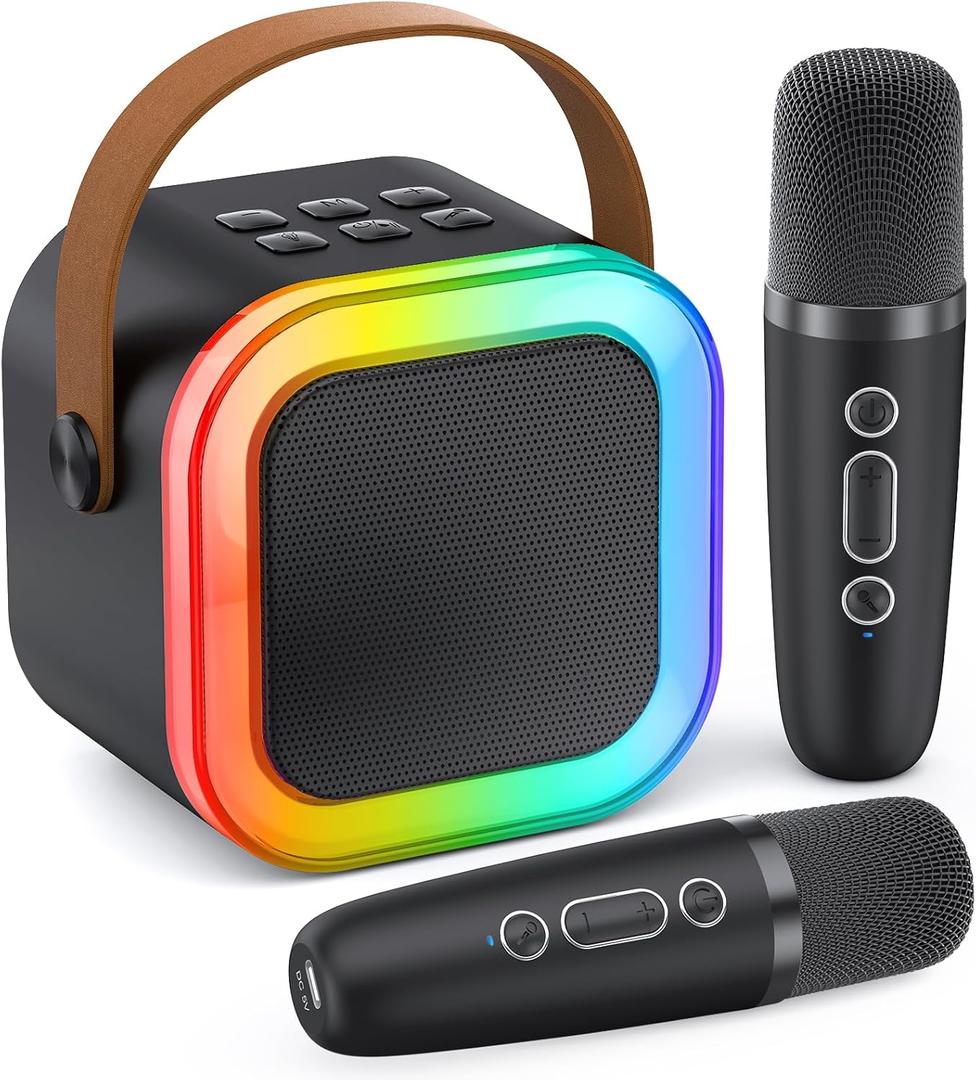 Peski Karaoke Machine for Kids Adults, Portable Bluetooth Mini Karaoke Microphone Singing Speaker Karaoke Player with 2 Wireless Mic, for All Smartphones, Birthday, Family, Home Party (Black)