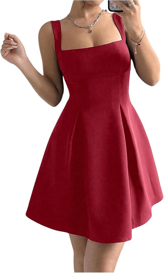 Milumia Women Square Neck Halter Dress Sleeveless Flared A Line Mini Dresses (L)