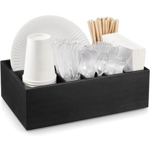 Black Utensil Holder for Party - Wooden Paper Plate and Utensil Caddy for Countertop - Silverware Caddy for Cup Fork Spoon Napkin - Cutlery Organizer for Kitchen Camping Buffet Picnic