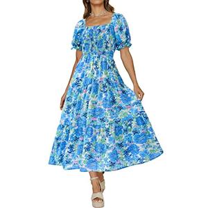 PRETTYGARDEN Womens Dresses 2023 Boho Dress Short Sleeve V Neck Floral Ruffle Tiered Maxi Dress Smocked Cocktail Dresses (Big Floral White and Blue,X-Large)
