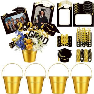 4 Set Graduation Centerpieces for Tables 8 Grad Photo Display 28 Class of 2026 Centerpiece Sticks 4 Gold Metal Bucket for Graduation Table Picture Display Party Decorations
