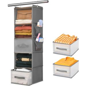 5-Tier Hanging Organizer for Closet, Fabric Closet Organizer with 2 Hooks, 2 Pull-Out Drawers, Foldable Space-Saving Storage (Gray), 11.8" W x 11.8" D x 39.4" H