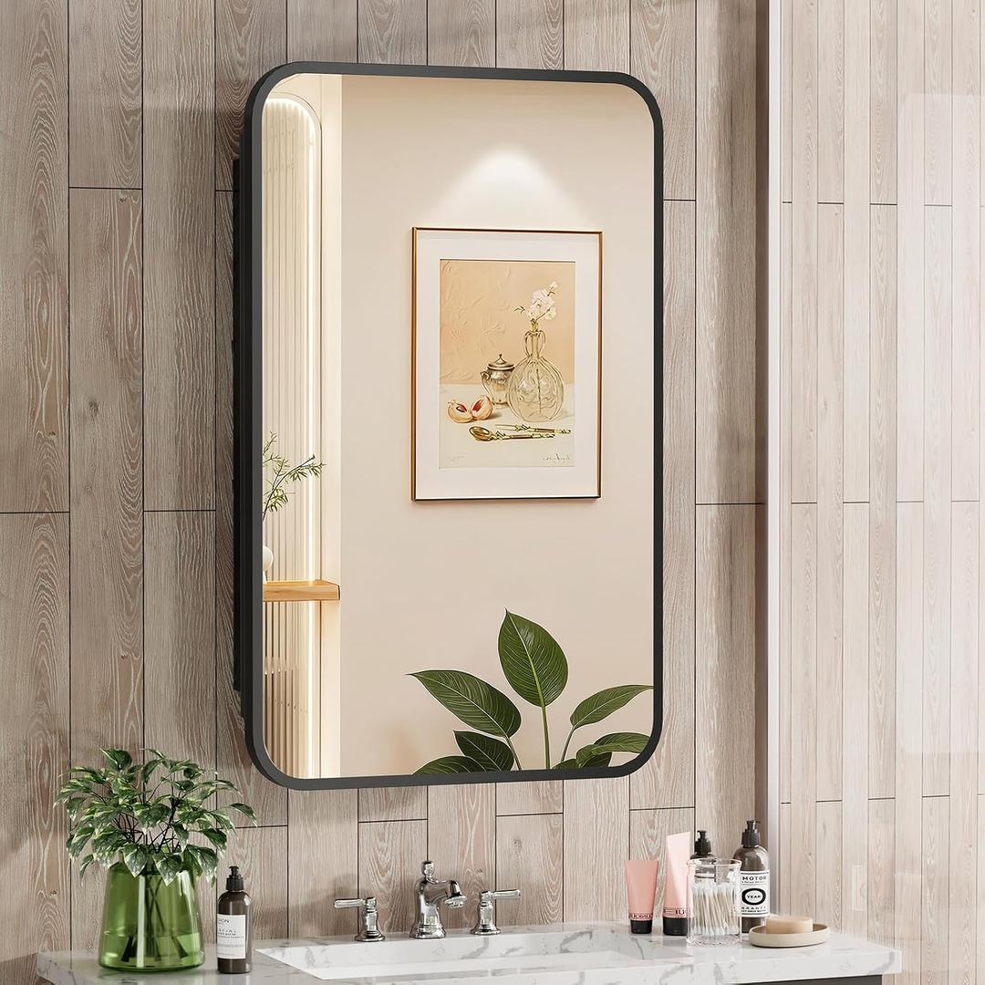 ACEMIRO 16x24 Inch Black Mirror Medicine Cabinet Metal Framed Recessed Wall Mounted Bathroom Medicine Cabinet with Mirror and Storage