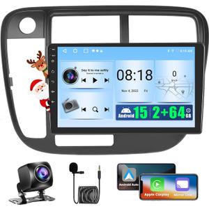 2+64GB Realdio Android 15 Car Radio for Honda Civic 1996 1997 1998 1999 2000 2001 Wireless CarPlay Android Auto, 9" Screen for Civic Stereo with GPS WiFi Bluetooth FM/RDS EQ Backup Camera