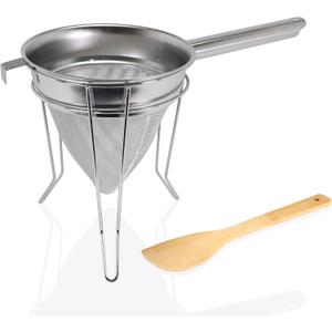 Anchy Premium 8" Chinois Fine Mesh Strainer Set with Stand & Bamboo Spatula 18/8 Stainless Steel China Cap Cone Sieve, Professional Bouillon Strainer for Sauces, Soups, Broth, Stock, Jelly & Purees