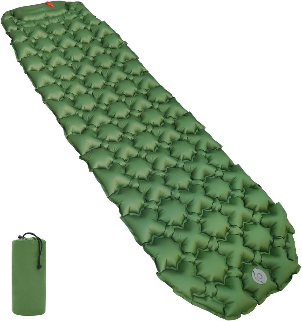 Camping Sleeping Pad with Quick-Inflate Foot Pump, Water Resistant, Ultralight, Olive Green (Single)