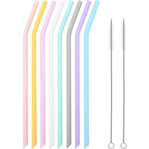 Reusable Silicone Drinking Straws, 8 Pcs Long Flexible Straws with 2 Cleaning Brushes for 20 and 30 oz Yeti/Rtic/Ozark Tumblers, BPA free, no Rubber Taste