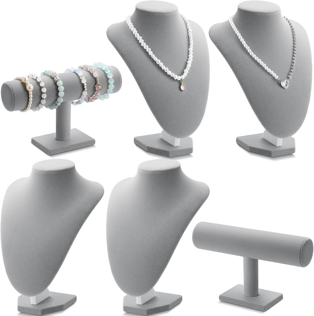 6 Pcs Jewelry Display Set Necklace Display Stand T Bar Bracelet Holder Jewelry Bust for Home Store Trade Show (Gray)