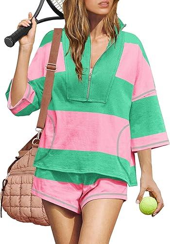 ReachMe Womens Workout Striped Short Sets 2 Piece Outfits Summer Matching Lounge Sets Top and Shorts with Pockets Light Pink Green