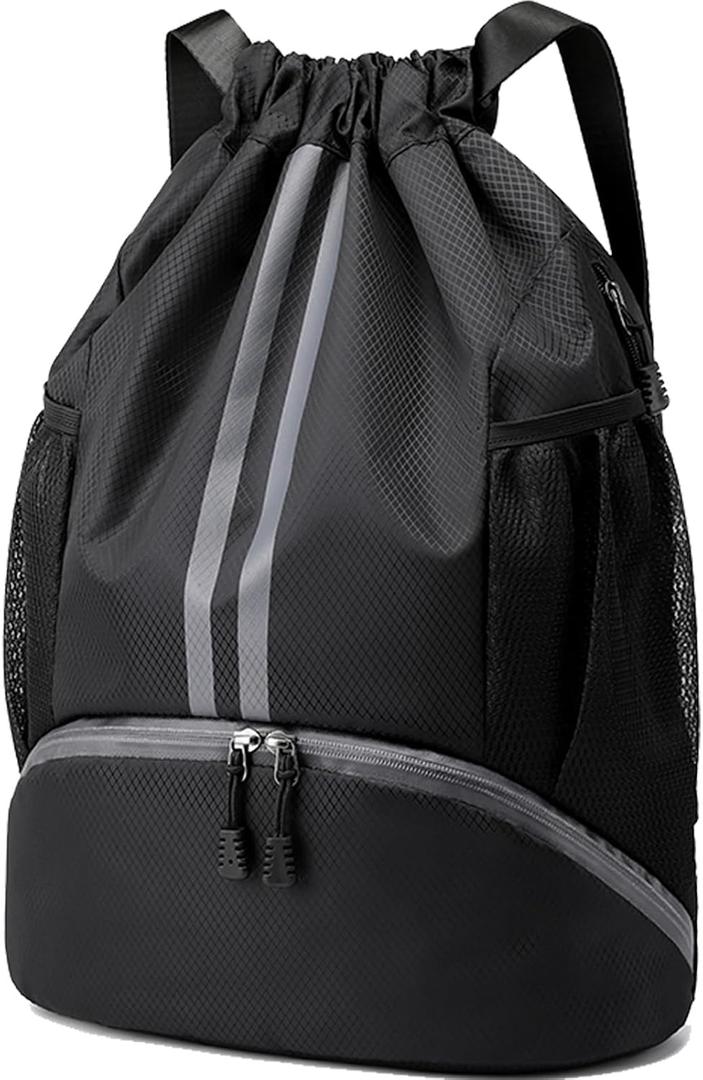 Hoedia Sports Drawstring Backpack - String Swim Gym Bag with Shoes Compartment and Wet Proof Pocket for Women&Men (Large, Black)