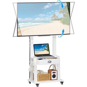 Mobile TV Stand with Drawer for 23-75 inch Flat/Curved Screen,Tilt Rolling TV Cart on Wheels with 2 Shelves,Adijustable Height TV Stand Holds up to 120lbs for Indoor Outdoor,Max VESA 600x400mm,White