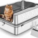Extra Large Stainless Steel Litter Box, XXXL 27.5" L x 19.7" W x 11.8" H Semi Enclosed Removable Metal Cat Litter Box with High Sided Enclosure, Scoop, Anti-Leakage, Non-Sticky, Easy Cleaning