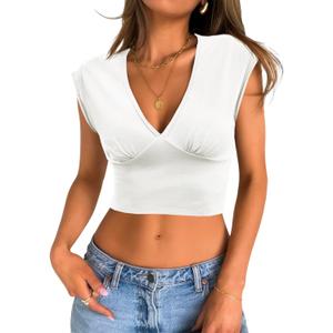 Tankaneo Womens Deep V Neck Cropped Tank Tops Low Cut Summer Cap Sleeve T Shirts Y2k Slim Fit Cute Tees (Small, White)