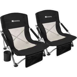 AKSOUL Folding Beach Chair for Adults: Low/High Back Chairs with Carry Bag - Extra Wide Seat Chair with Comfortable Pillow & Storage Pocket (1 Pack & 2 Pack, Blue), 23" x 23" x 24"