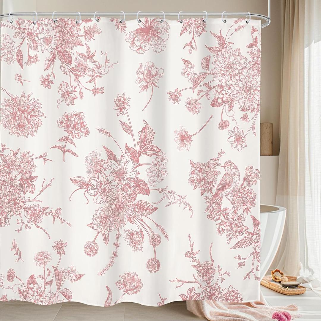 LIGHTINHOME Pink Floral Shower Curtain 72Wx84H Inches Extra Long Vintage Boho Bird Rustic Farmhouse Chinoiserie Aesthetic Cream Cloth Fabric Waterproof Polyester Bathroom Home Decor Set with Hooks