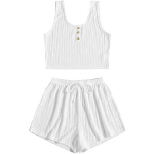 SOLY HUX Women's Button Front Ribbed Knit Tank Top and Shorts Pajama Set Sleepwear Lounge Sets (White, L)