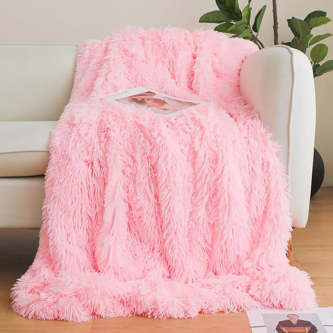 Pink Faux Fur Throw Blanket, Pink 50" x 60" Fluffy Blanket Throw, Shaggy Plush Decorative Couch Blanket, Cute Furry Throw Holidy Fuzzy Lap Blanket for Kids Women Men Teen Girls