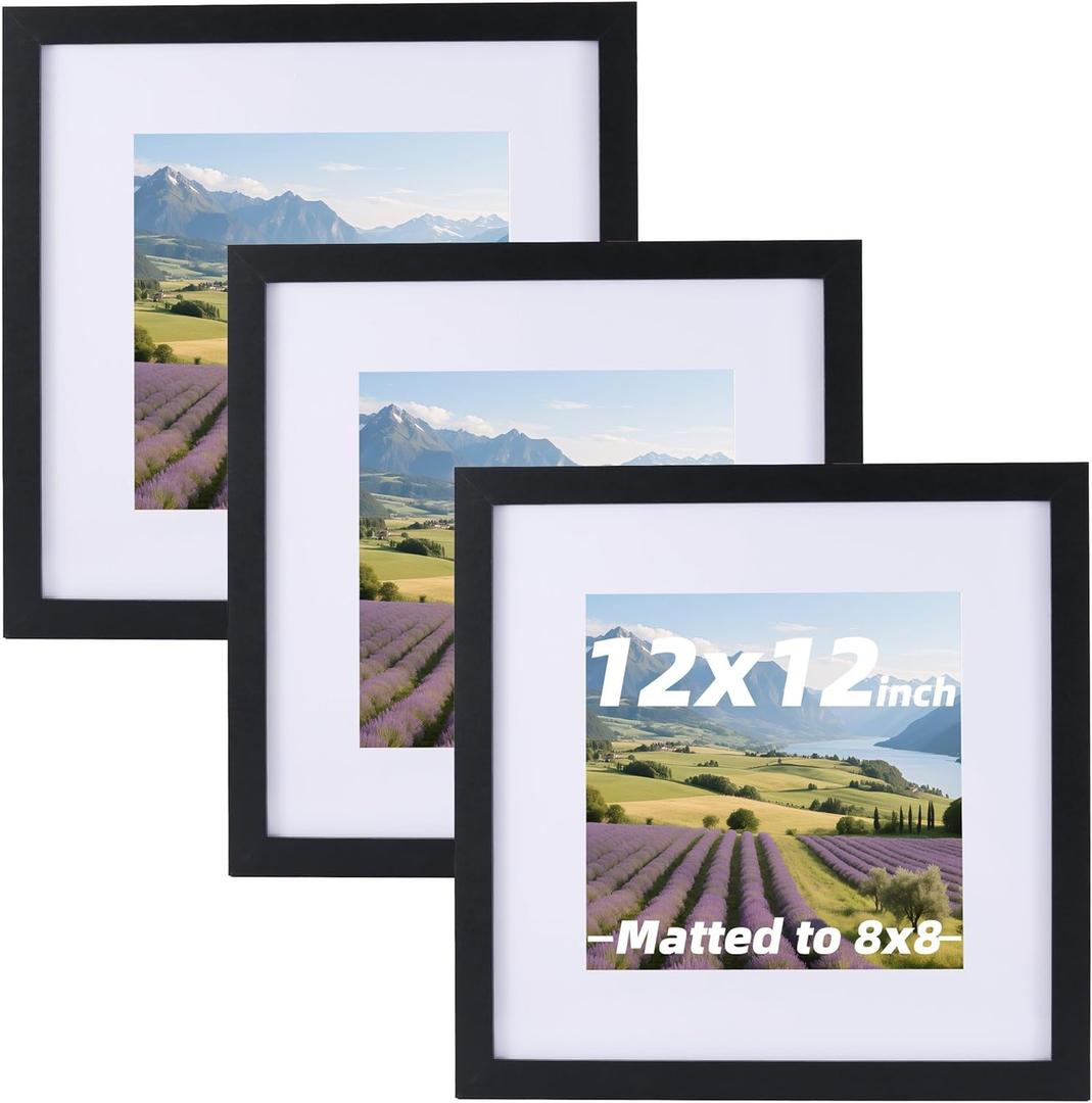 3 Pcs 12x12 Black Picture Frame - Display Pictures 8x8 with Mat or 12 x 12 without Mat - Black Wood Picture Frames for Wall Mounting - Wooden Photo Frame for 12 12 Matted to 8x8 Print Set of 3
