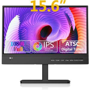 15.6 inch Small TV,Flat FHD IPS 1080P Screen TV with Antenna and Digital ATSC Tuner,HDMI/USB/VGA/Port,12 Volt Car Charger Cable/AC Power for Kitchen and Caravan