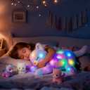 Hopearl LED Plush Cat Lighting Up Stuffed Mommy Cat with 3 Baby Kittens in her Tummy Stuffed Animal Playset Night Lights Glow in The Dark for Mom Kids Toddler Girls, Rainbow, 18''