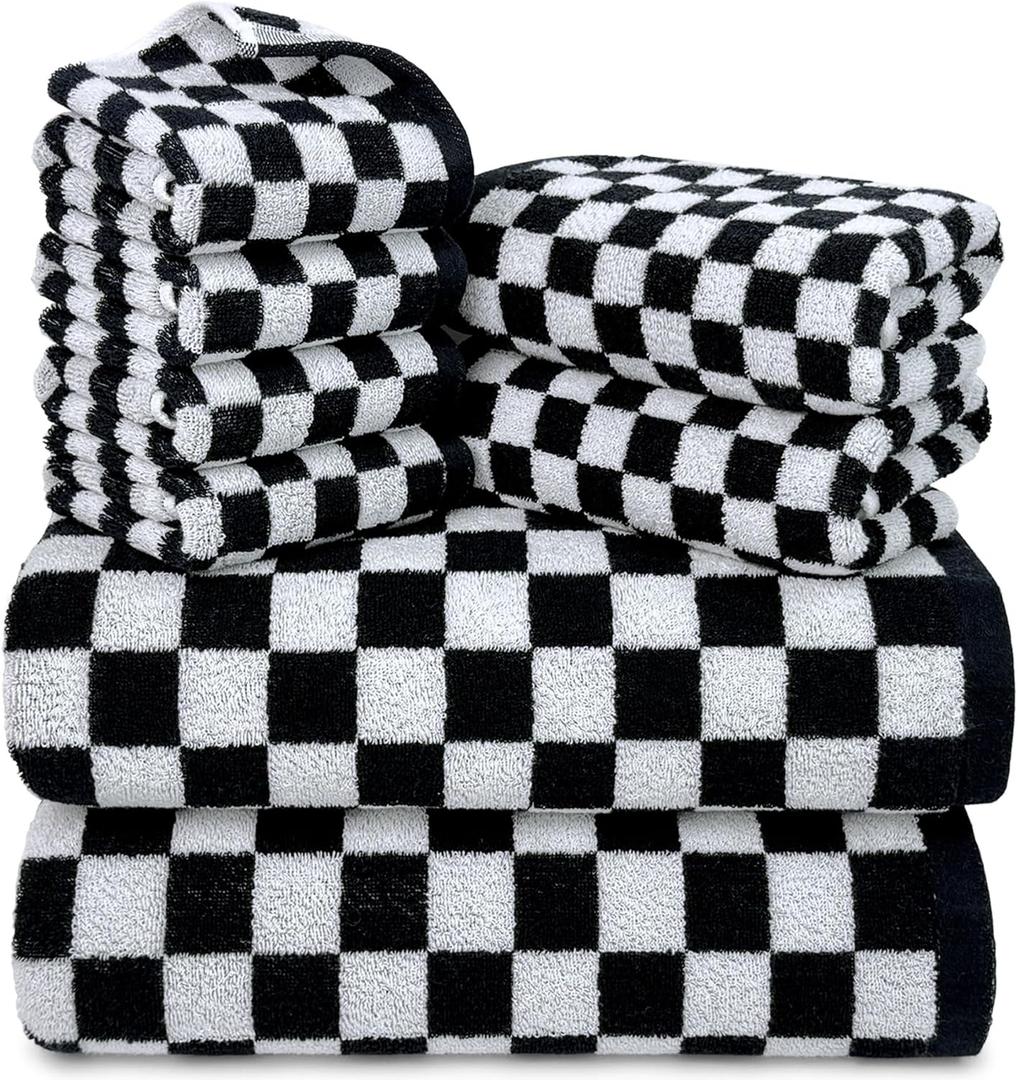 Jacquotha Black and White Towels Set of 8, Cute Checkered Towels for Bathroom Decor, 2 Bath, 2 Hand, 4 Washcloths, Cotton
