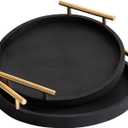2 Piece Black Round Serving Tray with Handles, Woven-Texture Faux Leather Ottoman Tray for Living Room, Decorative Tray for Coffee Table Home Decor