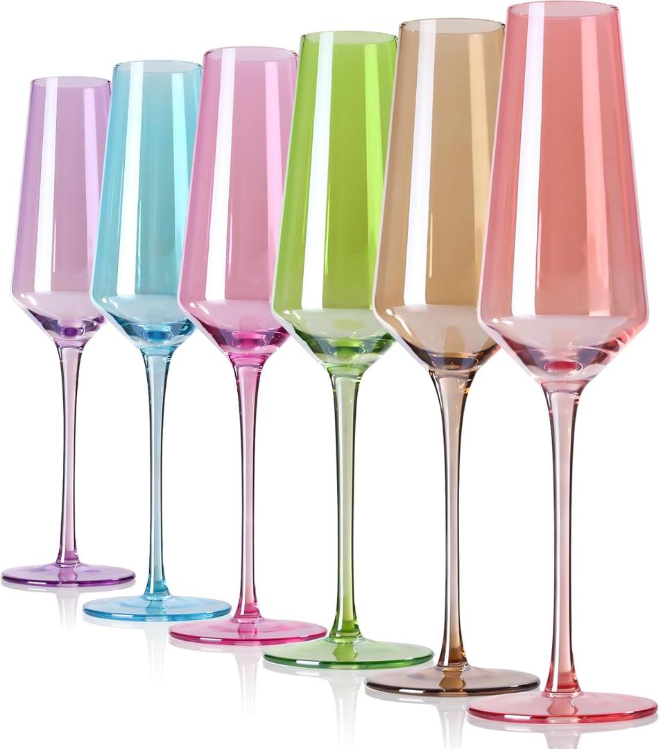 Colored Champagne Flutes Set of 6, Large 8.5 Oz Hand Blown Crystal Glasses, Lead-Free Colorful Glasses, Italian Style Tall Stemmed Glassware-Gift Box for Birthday,Wedding, Party