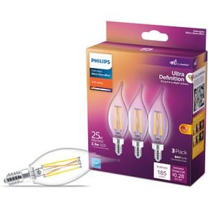 25W BA11 E12 Base 3-Pack Ultra Definition Soft White (2700K) 185 Lumen (2.3W = 25W) Dimmable Clear Flicker-Free Candelabra Light Bulbs