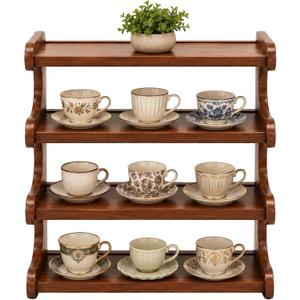 4-Tier Wooden Mug Display Holder, Space-Saving Countertop Cup Organizer Rack, 19.7 x 7.9 x 20.5 in Solid Wood Desk Shelf for Home Office Kitchen Coffee Station