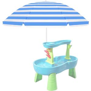 Water Table Umbrella Beach Umbrella & Picnic Table Shade for Kids, Blue White Striped Sandbox Parasol, Adjustable Tilt Outdoor Sun Shade for Picnic Tables, Sandbox, Water Play Tables, Patio, 71" H x 46" W
