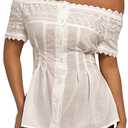 Milumia Women's Off Shoulder Button Down Shirt Elegant Lace Trim Short Sleeve Ruffle Blouses, XS