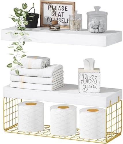 QEEIG Bathroom Shelves Over Toilet - Wall Mounted Floating Shelves Toilet Paper Storage Small Modern Decor Shelf 16 inch Set of 2, White and Gold (019-WG2) QEEIG Bathroom Shelves Over Toilet - Wall Mounted Floating Shelves Toilet Paper Storage Small Modern Decor Shelf 16 inch Set of 2, White and Gold (019-WG2)